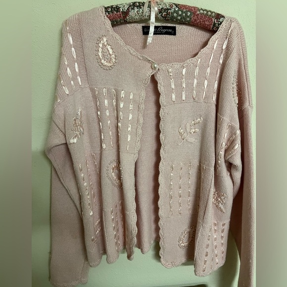 Pink Embroidered Women's Sweater Vintage Cardigan Womens Large - Picture 2 of 6